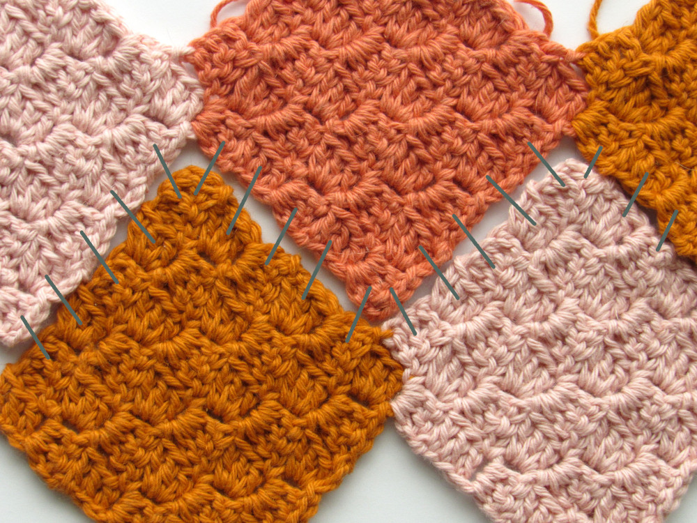 two connected C2C crochet square panels lined up next to each other. The colors of the top row are (from left to right) light pink, coral, and dark orange. The colors of the bottom panel are (left to right) dark orange and light pink. Grey lines show where each panel connects to another.