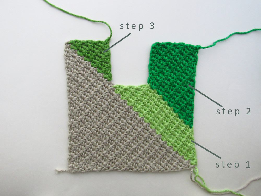 The beige c2c square that has three sections for a neckline added onto it: a light green for step 1, bright green for step 2, and a forest green for step 3.