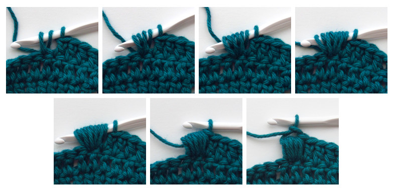 An image of seven squares, each showing, from left to right, top to bottom, one of the final look of steps 1 to 7 for making a crochet puff stitch