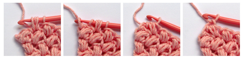an image showing, from left to right, the four steps for making a crochet bean stitch across two stitches