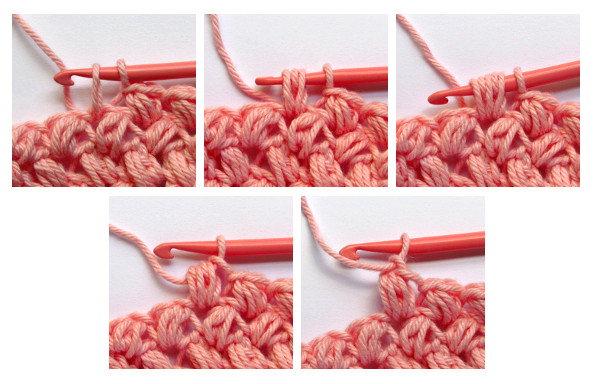 an image showing, from left to right, top to bottom, the five steps for making a crochet bean stitch