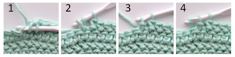 a four panel image that, from left to right, shows one of the four steps for making the herringbone hdc stitch