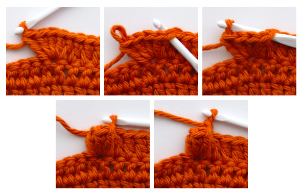 an image showing five individual photos that, from left to right and top to bottom, show the five steps for making a bean stitch
