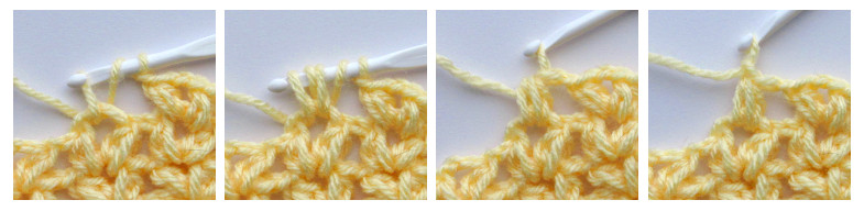 A four panel image showing the steps for making a 5-loop puff stitch.