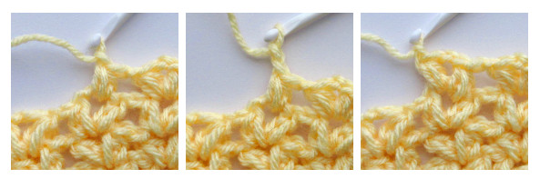 A four panel image showing the steps for making a V-puff stitch using 5-loop puff stitches.