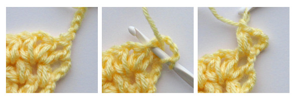 A three panel image showing how a puff stitch is made between a dc and puff stitch.