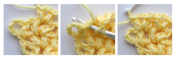 A three panel image showing how a V-puff stitch is made between a V-puff and puff stitch.