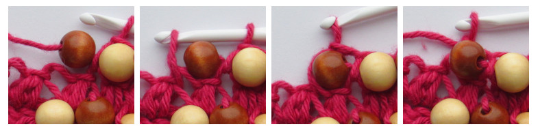 an image featuring four panels showing the steps for crocheting a bead in a bean stitch piece