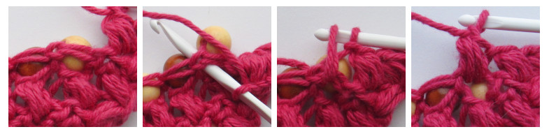 an image featuring four panels that show how to make a crochet bean stitch in a bead below it