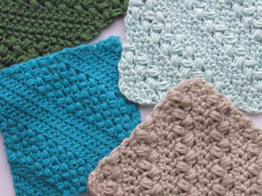 a photo showing multiple examples of C2C crochet herringbean stitch pieces in varying pieces