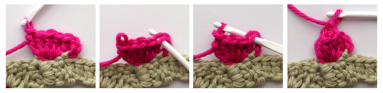 A four panel image showing step 2, making a crochet popcorn stitch