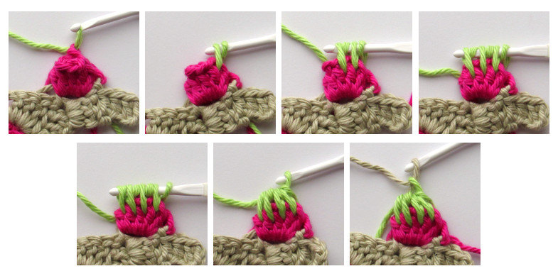 a seven panel image showing step 3, making the cap of the strawberry stitch